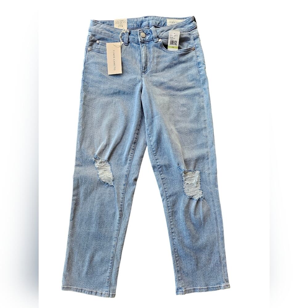 NWT Vince Camuto Jeans Womens 27/4 Blue Denim Mid Rise Straight Leg Distressed